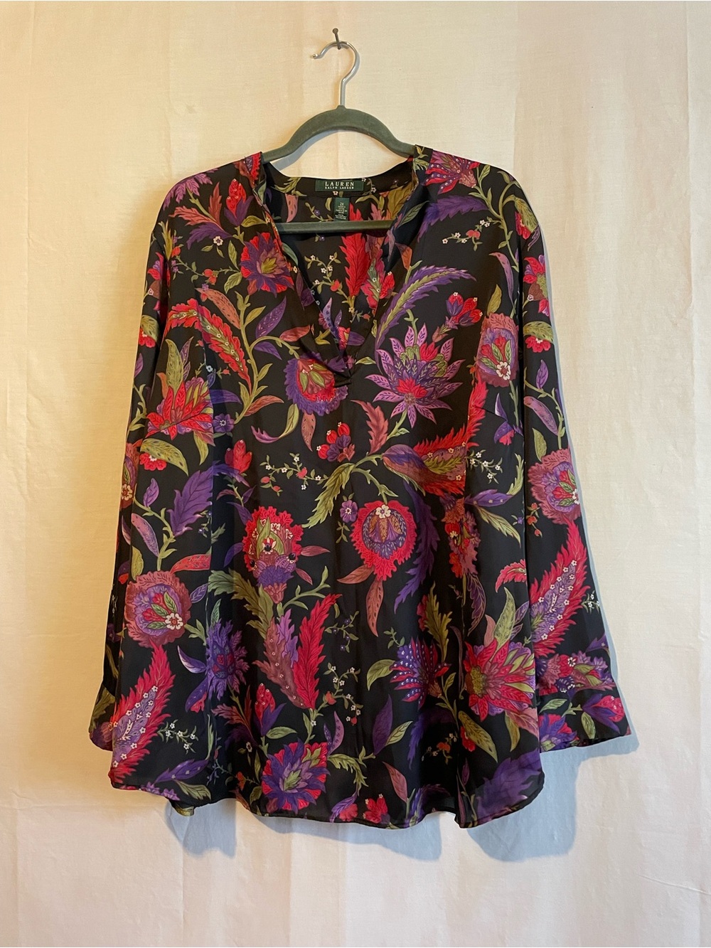 Ralph Lauren Black Floral V-Neck Tunic with Purple & Red Blooms